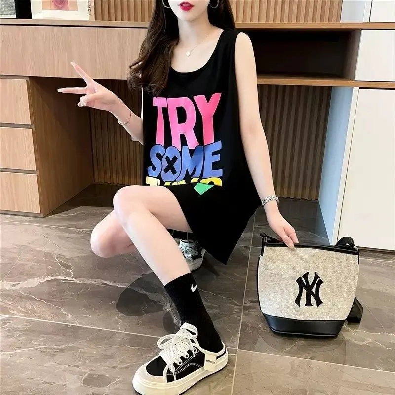 

2024 Summer Fashion Letter Printed Tanks Women's Clothing Casual Sleeveless Loose Tops Commute Korean Round Neck All-match Camis