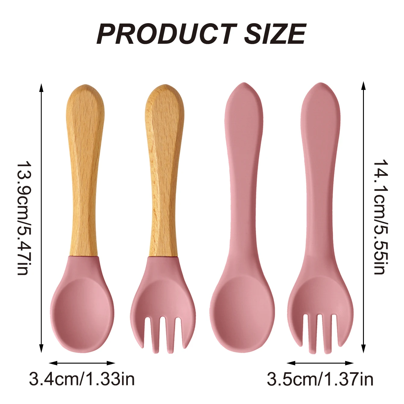 Color Kids 4PCS Silicone Baby Feeding Spoon Fork Set BPA Free Wood Handle Training Utensils For Infants Newborn Accessories
