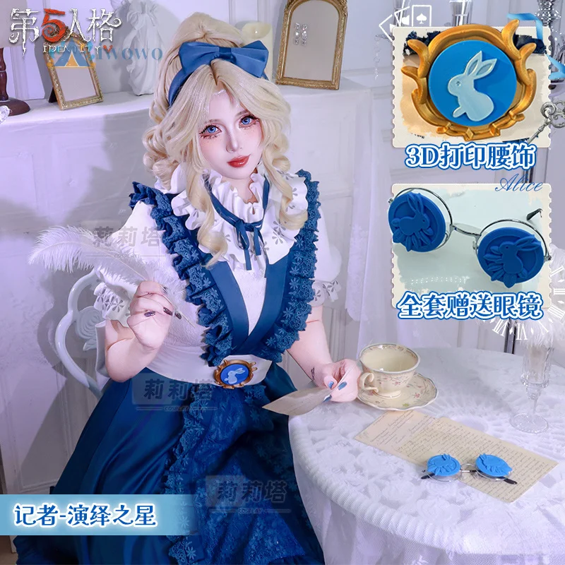 

Game Identity V Cosplay Alice DeRoss Costume Blue Headwear Glasses Lolita Dress Halloween Christmas Party Role Play Uniform