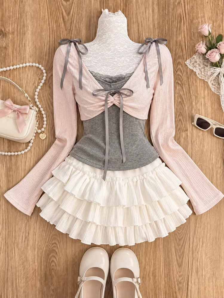 Japanese Sweet Long Sleeve Fake Two-Piece Top + Mini Lace Skirt Two-Piece Set Women Casual Y2k Cute Outfit Bodycon 2026