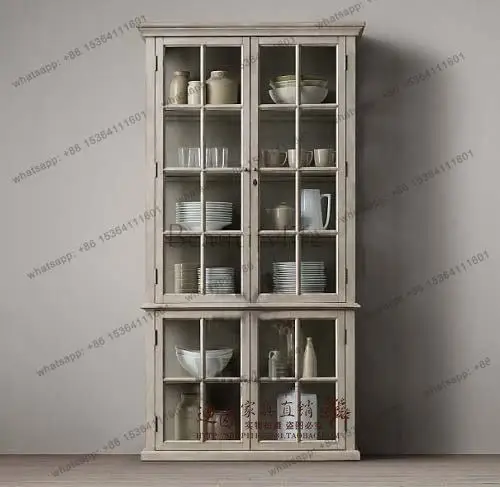 

French country, American solid wood oak multi-layer bookcase dining side cabinet retro old furniture