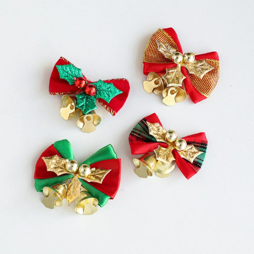 

5pcs Christmas Decorations Vintage Holly Red Bows Knot Craft Ornaments Bell Gift Tree Hanging With Ringbells New Year's Eve