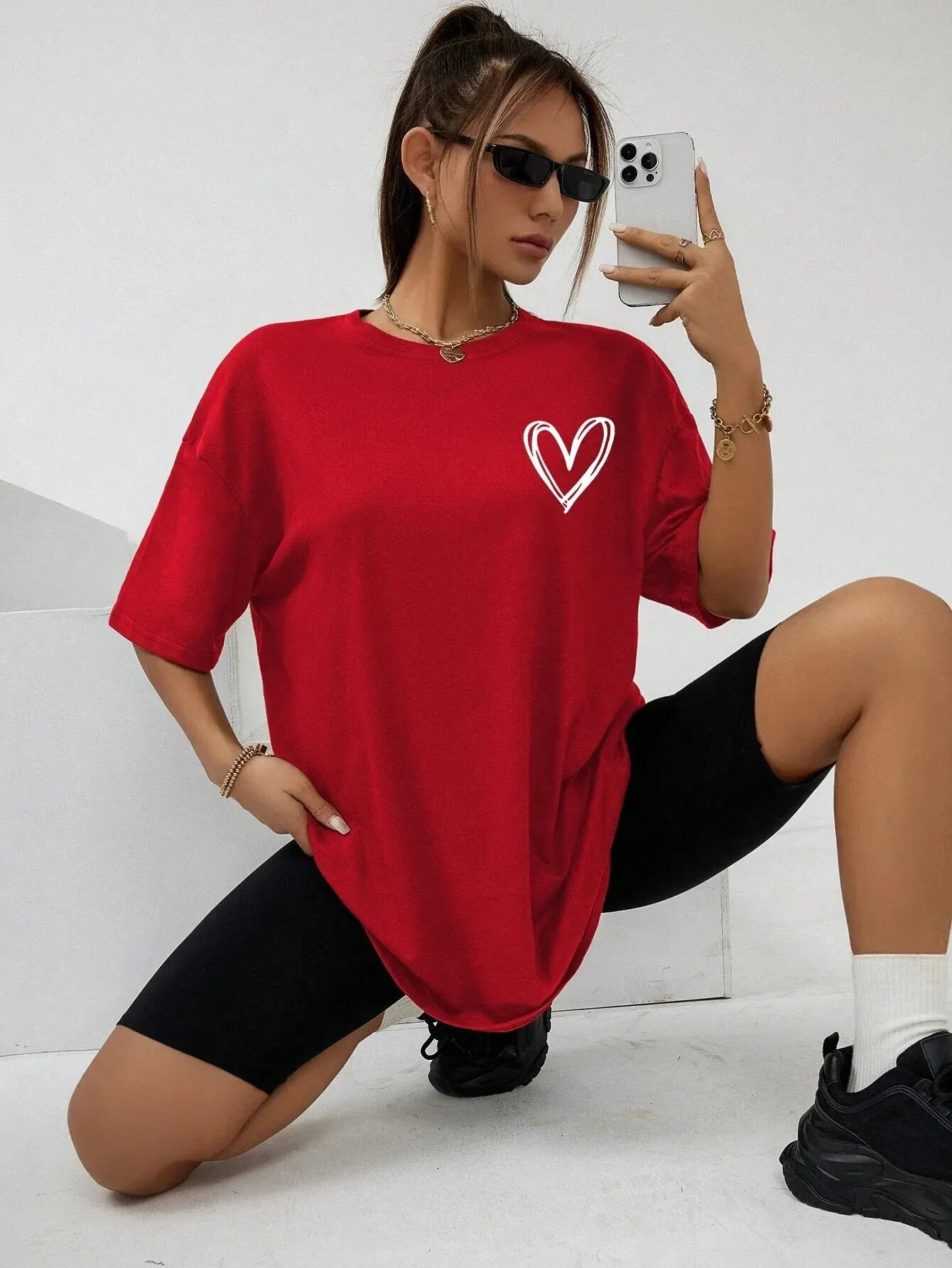 NEW Spring Female Cotton T-Shirts Simple Heart Prints Graphic Tees Comfortable Personality Street Tops Fashion Woman Clothes