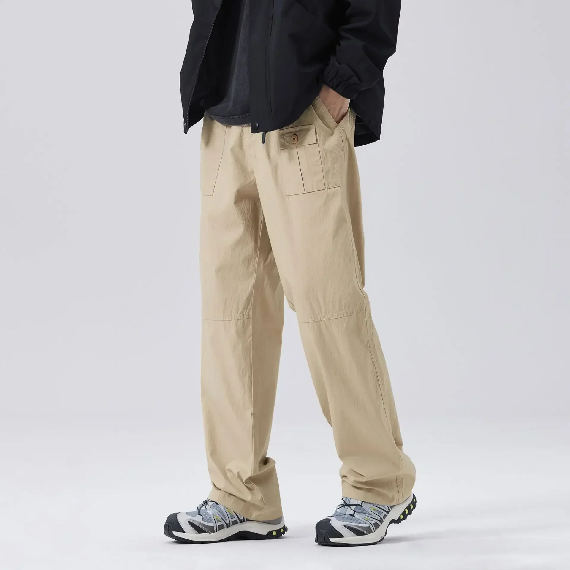 Add Fleece Bamboo Grain Cargo Casual Pants Japanese Fashion Men Wear Straight Leg Wide Trousers Quality Cargo Pants Men