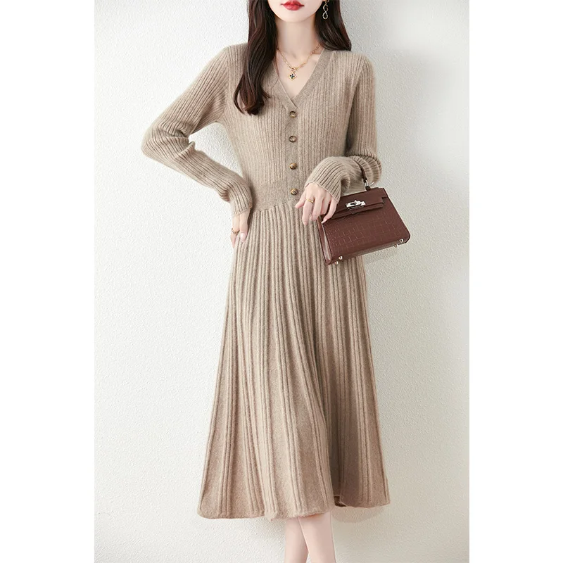 

Long Dress Wave Skirt Autumn Winter Women 100% Merino Wool Knee Dress Warm Sweater V-Neck Button Clothes Cashmere Versatile Knit