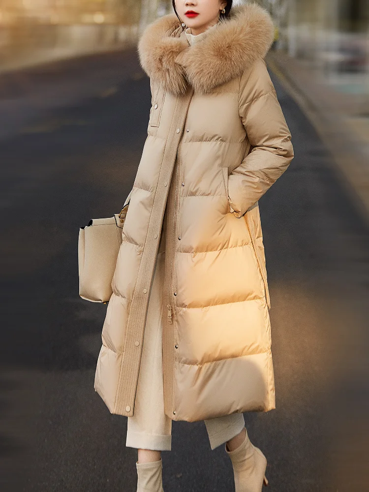 

Hooded Long Down Jacket for Women, Warm Winter Coat, Fox Fur Collar, White Duck Down, Thicker with Belt, Lady Jackets