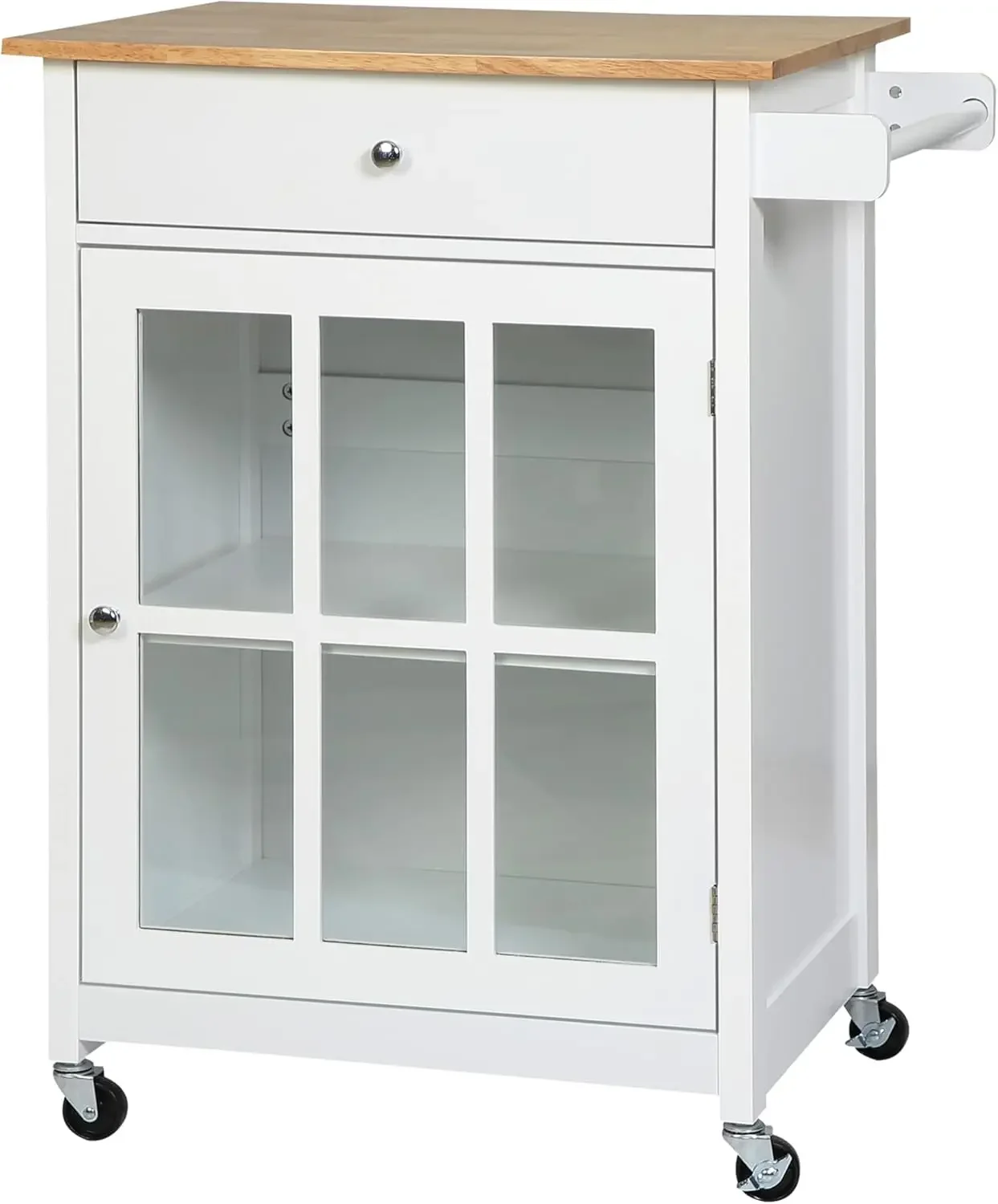 

27" Rolling Kitchen Island Cart with Drawer and Glass Door Cabinet, Kitchen Trolley with Adjustable Shelf and Towel Rack, White