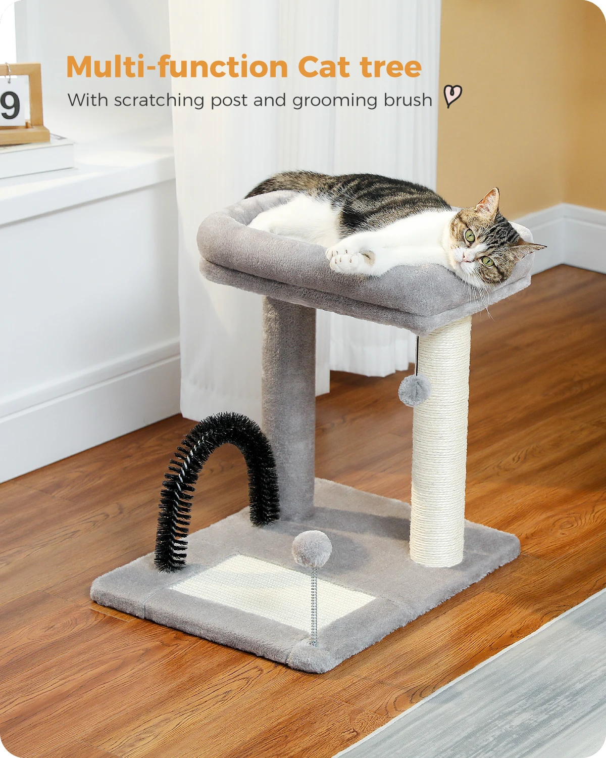 Cat Scratching Post Bed Cat Scratcher with Sisal Covered Scratching Post and Pad Self-Grooming Brush for Indoor Kittens and Cats