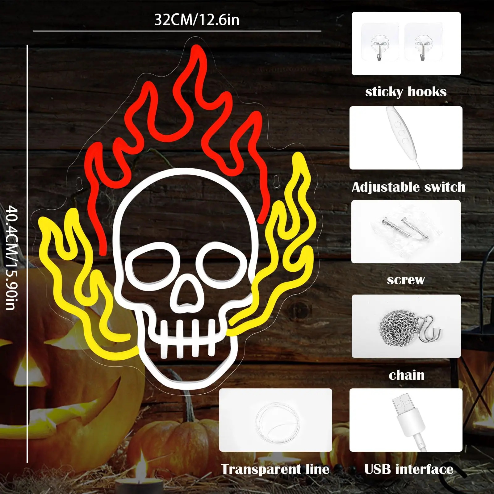 Dimmable Skull Neon Sign - USB LED Light | Ideal for Bedroom, Man Cave, Club, Game Room | Scary Skull Fire Design for Halloween