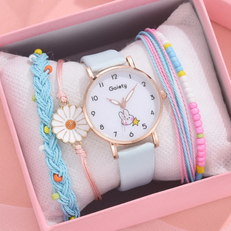 

2/5 шт., женские часы-браслет, кожаные наручные часы с милым кроликом для девочек, модные женские кварцевые часы, Reloj Mujer, подарок для студентов