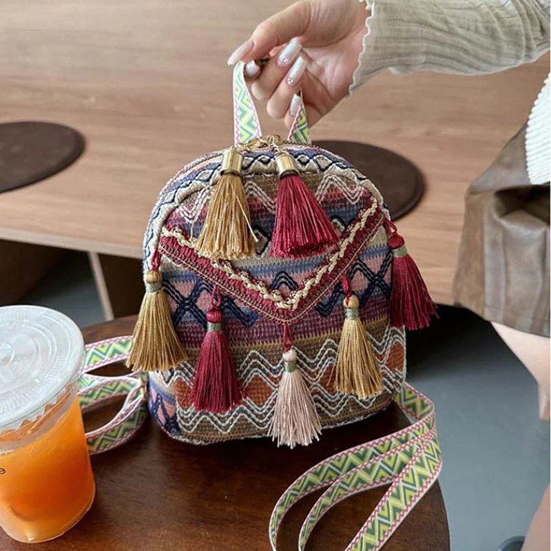 Women Backpack, Trendy Ethnic Style Colorful Woven Tasseled Handbag Large Capacity Bag