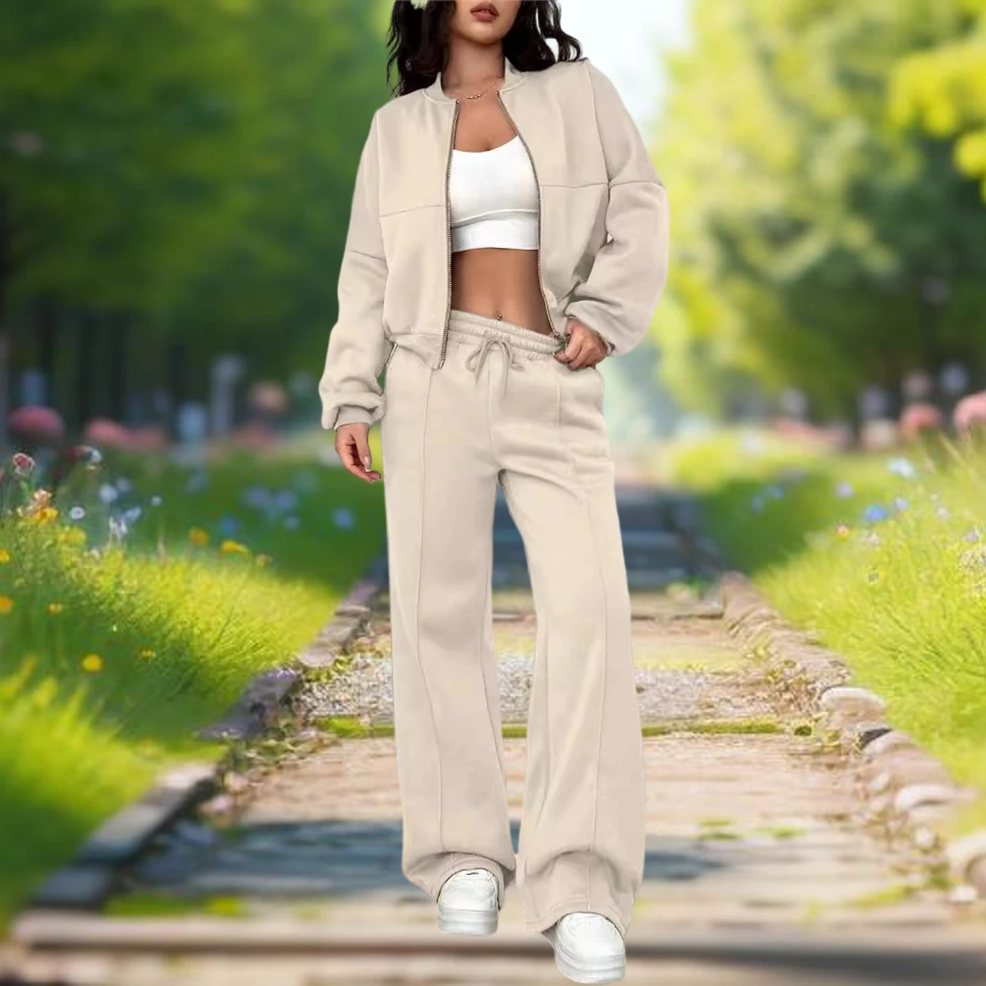 Trendiges zweiteiliges Set mit Reißverschluss, schmale Passform, offene Strickjacke für Damen, Frühling und Herbst 2025, elastisch, lang, Sve Casual Faion Ensemble