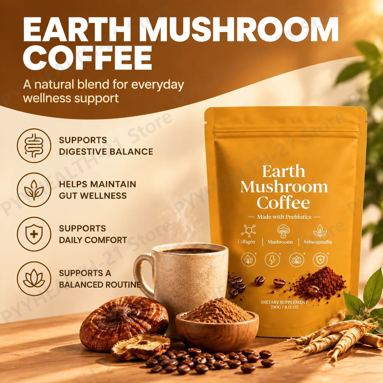Mushroom Coffee Collagen Powder Supports Sweeping Exhaustion Reduce Stress Collagen Inulin Turkey Tail 230g Work and Study Adult