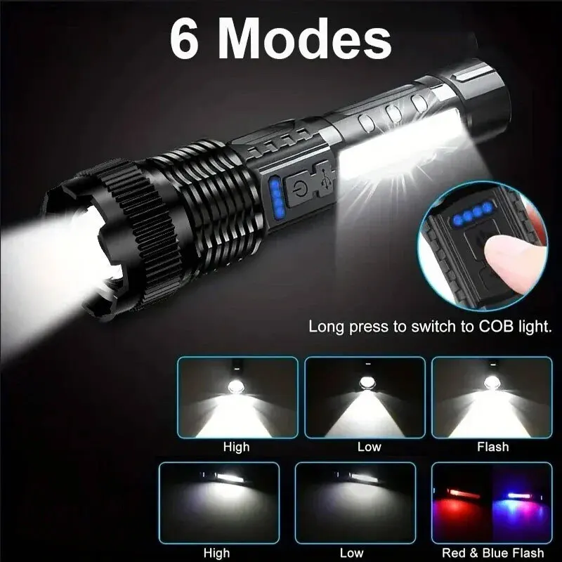 Powerful LED Flashlights Type-c Rechargeable Telescopic Zoom Tactical Torch with red and blue warning lights for Outdoor Camping