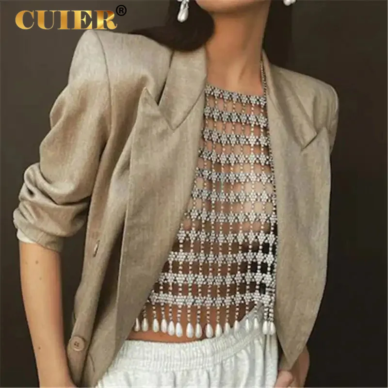 CUIER Rhinestone Glass Mesh Backless Tops for Women Pearl Fringe Crystal Tassel Bikini Chain Jewelry Sexy Suit interior outfit