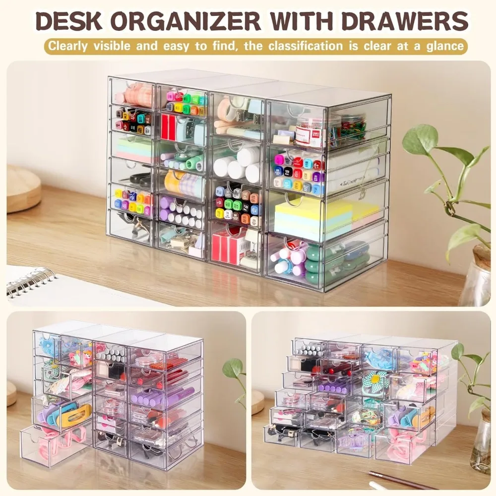 Conjunto organizador de acrílico transparente com 20 gavetas para armazenamento de mesa, escritório, materiais de arte e artesanato