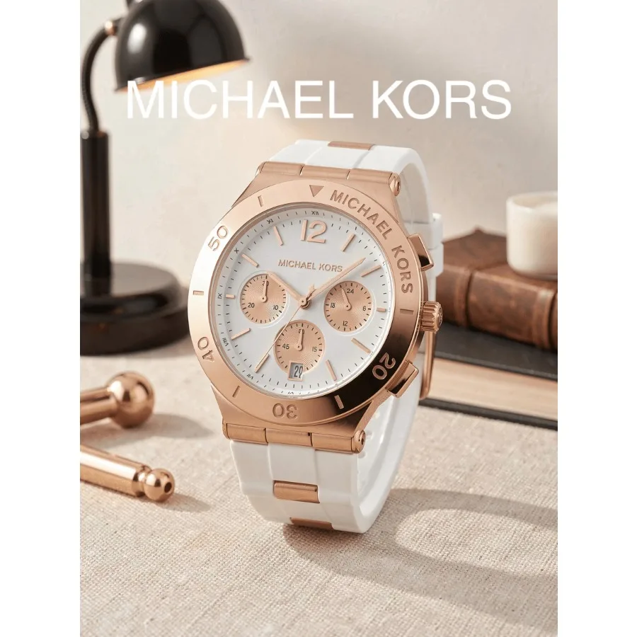 Michael Kors Women Chronograph Watch Rose Gold Case White Silicone Strap White Dial Calendar Sports Ladies Wristwatch Gift