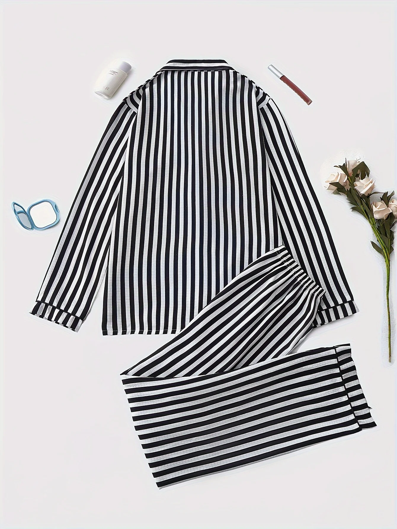 Elegant Striped Polyester Pajama Set for Women with Lapel Collar, Long Sleeve Button-Up Top, and Long Pants, Fall/Winter Woven S