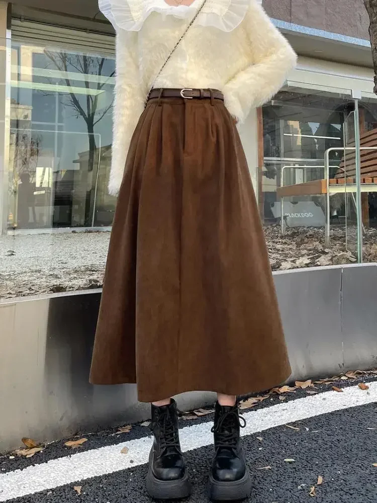 

Long Skirt Ladies College Style Pleated A-line Skirts Korean Women's Brown Skirt 2025 Autumn Winter Black High-waisted Corduroy