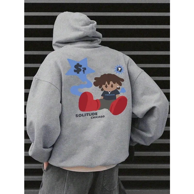 

Men's Slogans and Cartoon Graphics Shoulder Drop Drawstring Heat Lined Hoodie Funny Pattern Hot Sale Cotton Fleece Men's Hoodie