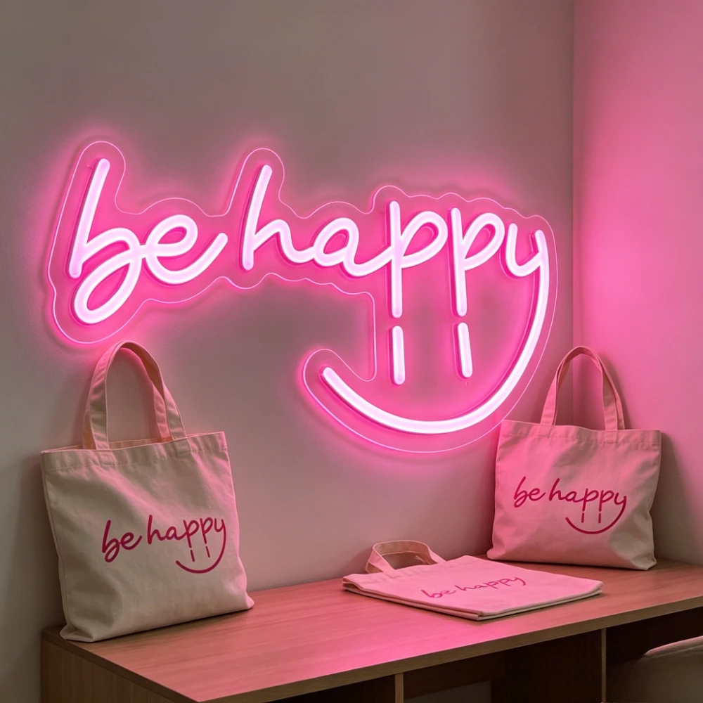 Be Happy Neon Sign LED Light Pink Smile Face for Home Bedroom Living Room Decor Aesthetic Mood Lighting USB Rechargeable Gift