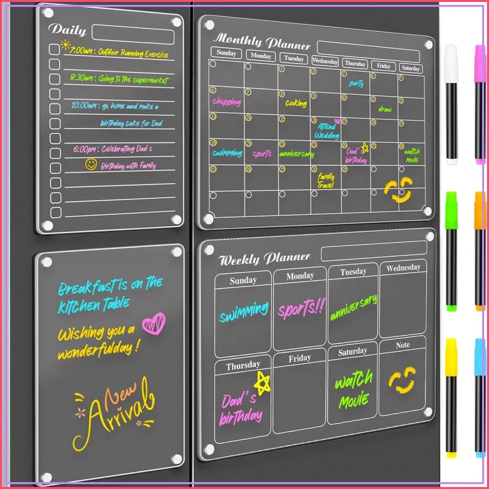 4 Pcs Magnetic Dry Erase Calendar for Refrigerator, Acrylic Fridge Planner Set with 6 Markers, 15.2