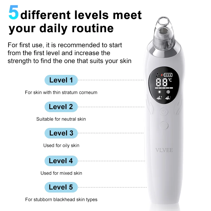 VLVEE Comedondrukker Poriënvacuüm Oplaadbare gezichtsporiënreiniger 5-sondes Koud en warm kompreskit voor dames en heren
