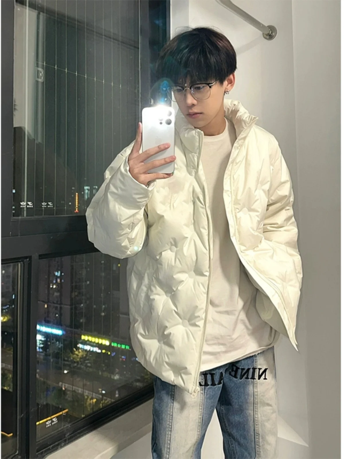 

White Diamond Pattern down Jaet Men's Lightweight Winter Korean Sle Cotton Outerwear High Street Stand Collar American Br...