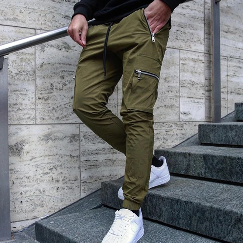 New Men\'s Sweatpants Trend Sports Leisure Zipper Multi-Pocket Trousers Micro Stretch Fashion Social Party Cargo Pants