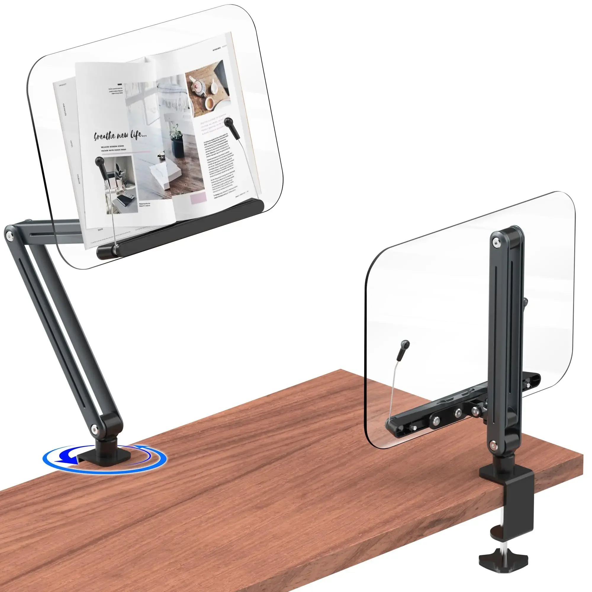 Desk Clamp Acrylic Book Stand for Reading Book Stand Holder, Adjustable Height Up To 20 Inches, Suitable for Recipe, Tablet