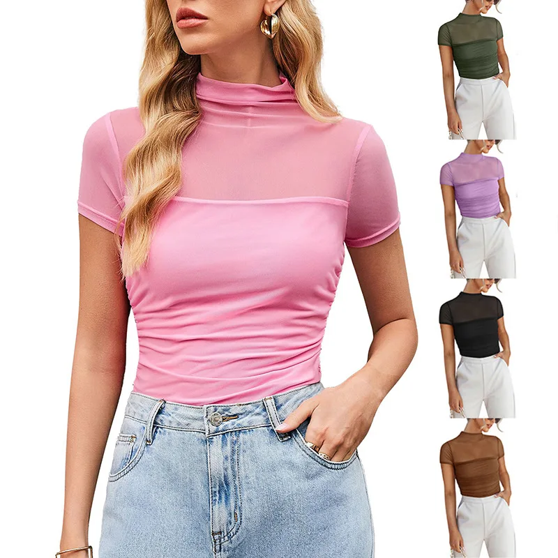

Cross-Border Summer Sexy Y2K High Collar Double Layer Me ort Sve Women's Top Independent Station Faion Lace irt