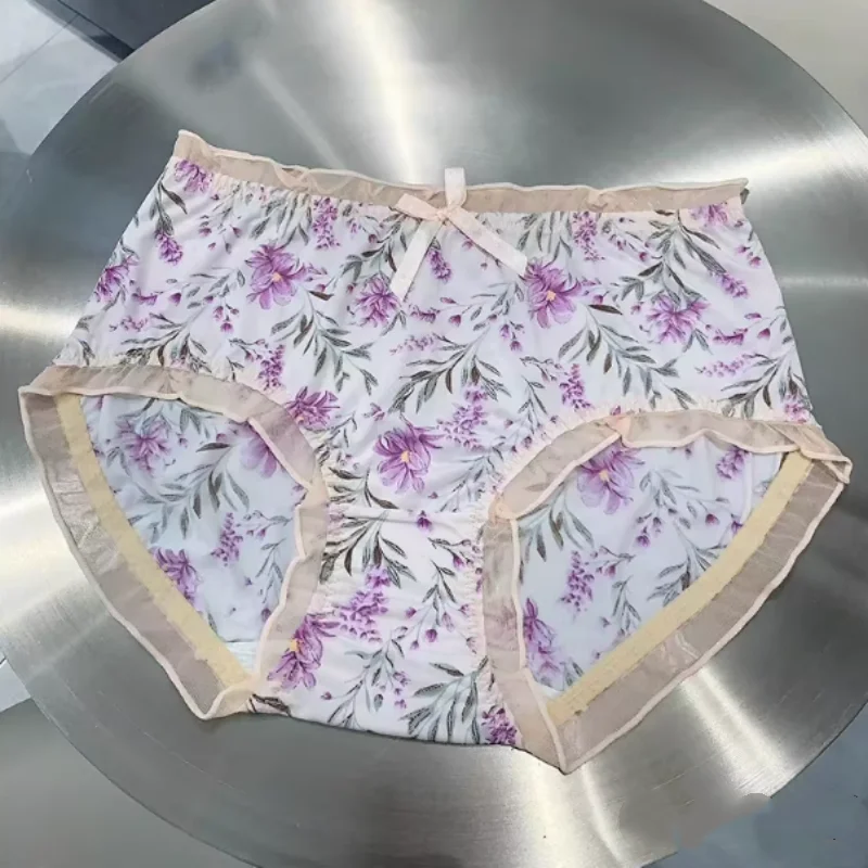 Large Size Women Underwear Ice Silk Printed Japanese Pure Cotton Crotch Briefs Sissy Cute Lace Edge Bow Seamless Thin Panties﻿