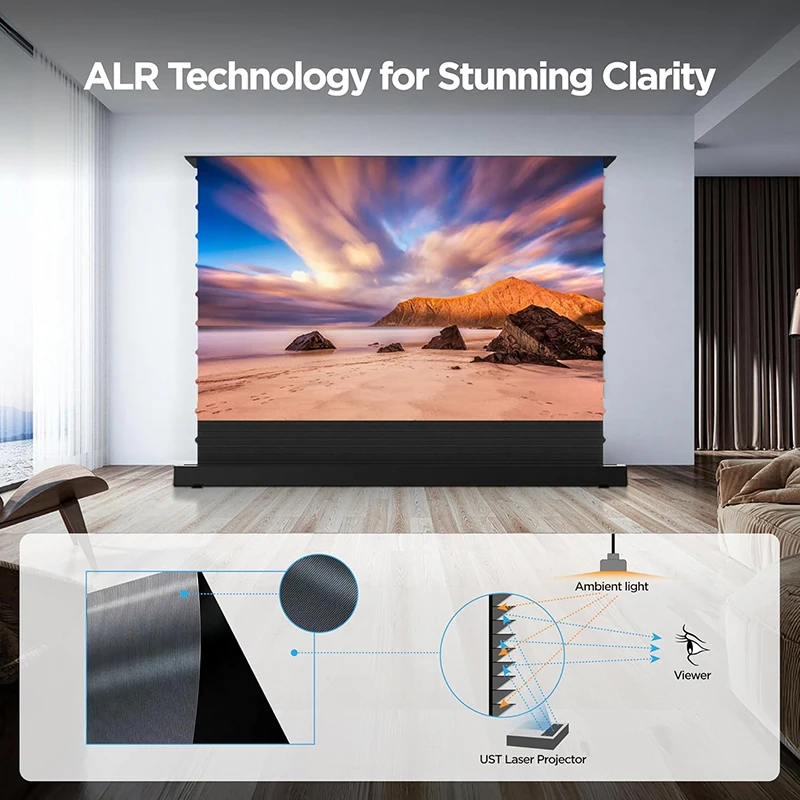 electric floor rise roll up screen Haig pet crystal UST 4 thousand ambient light reject ultra short distance laser projector