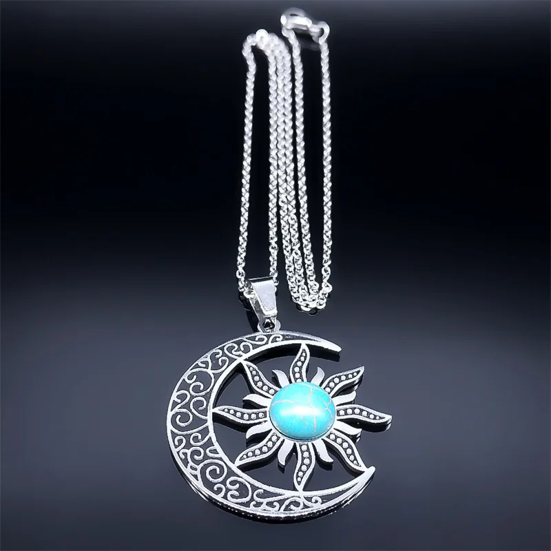 New Vintage Moon and Sun Pendant Necklaces for Women Men Stainless Steel Blue Pine Stone Crescent Moon Trendy Necklace Jewelry