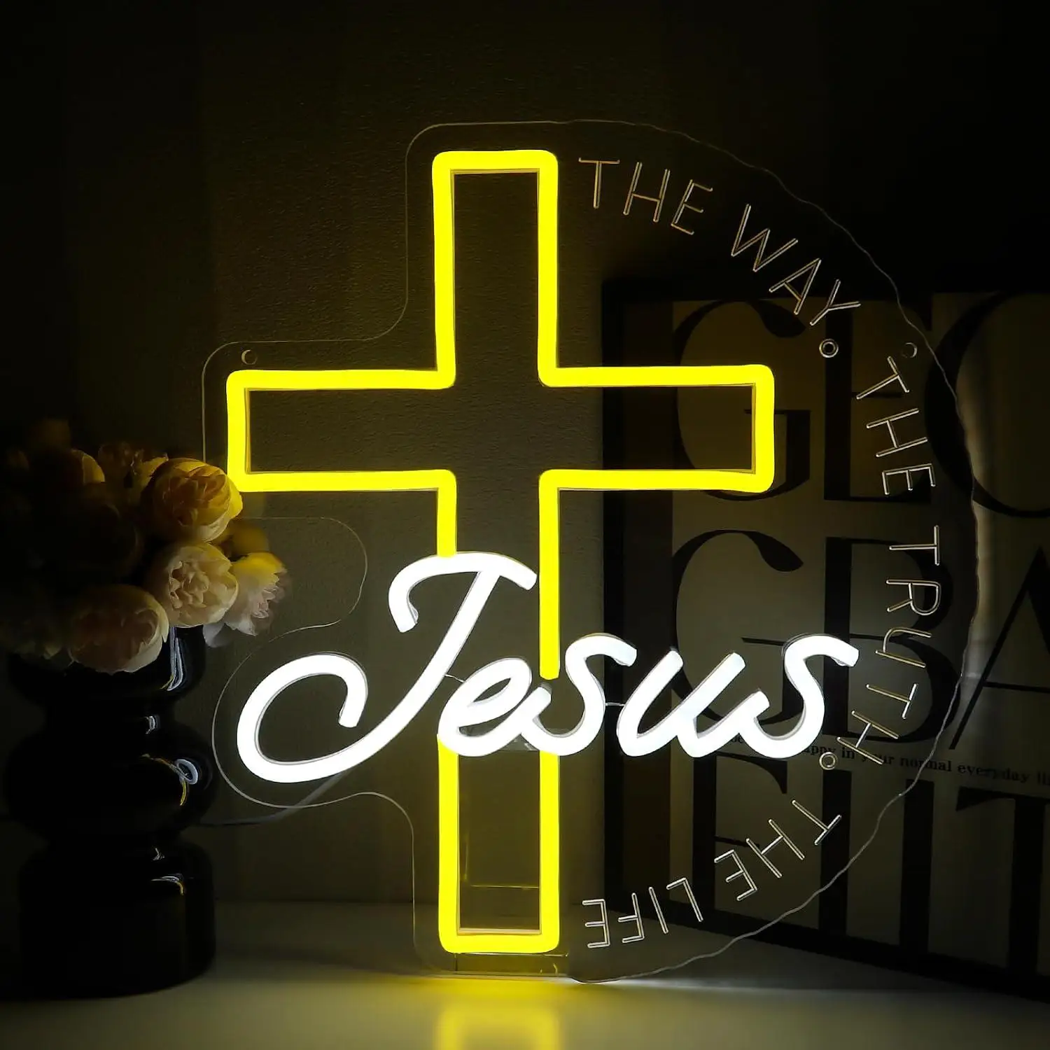 Enseigne néon LED USB à intensité variable « Jésus Croix, Voie, Vérité, Vie » pour décoration murale d'église, chambre, salon, cadeaux de fêtes