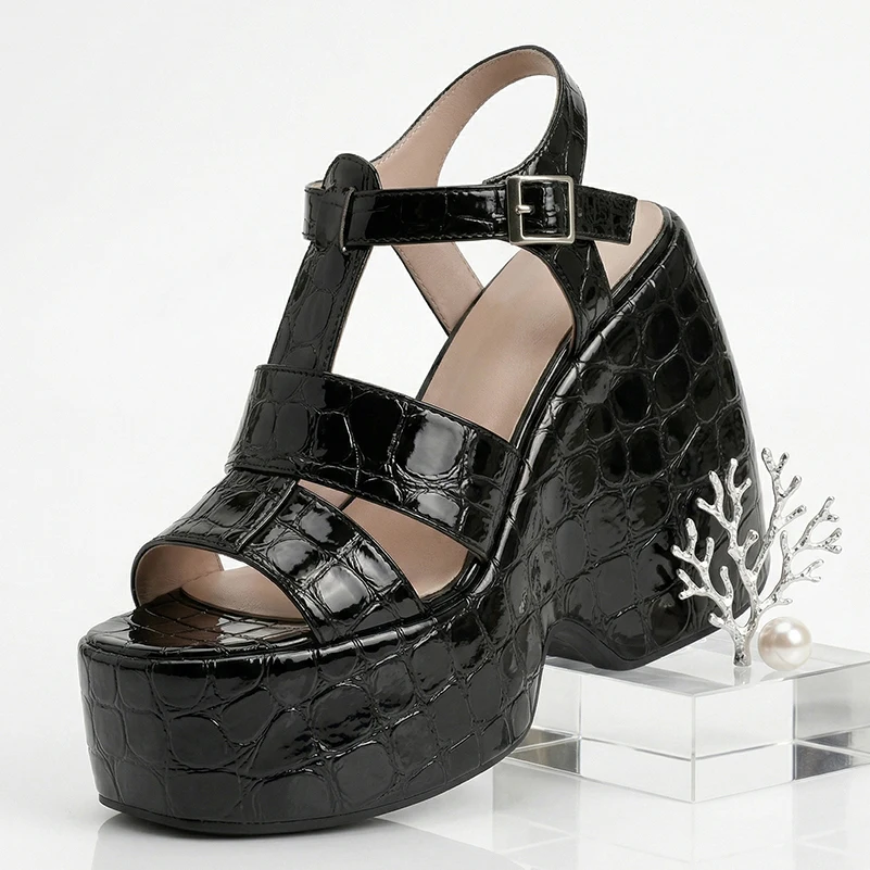 Concave And Convex Stone Texture Microfiber Material Ultra-High Slope Heel Thick Sole Casual Sandals Hollow Height Sandals
