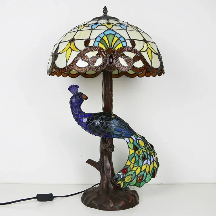 Longhuijing Elegant Baroque 16" Tiffany Style Stained Glass Table Lamp with Peacock Base