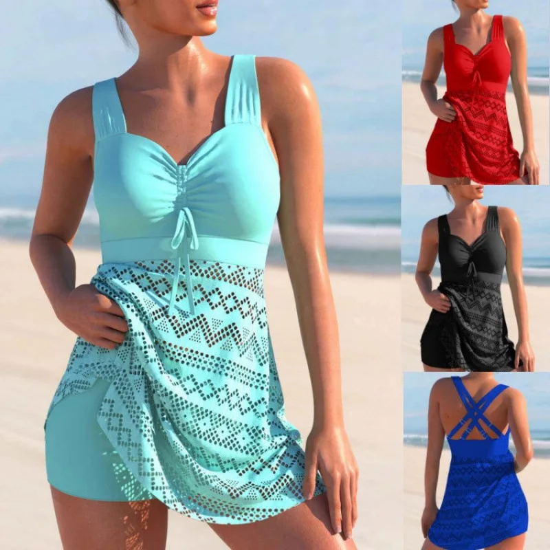 Sexy Lace Hollow Out Plus Size Swimwear for Women Swimsuit Female High Waist Straight-leg Shorts Bathing Suit Skirt Beachwear