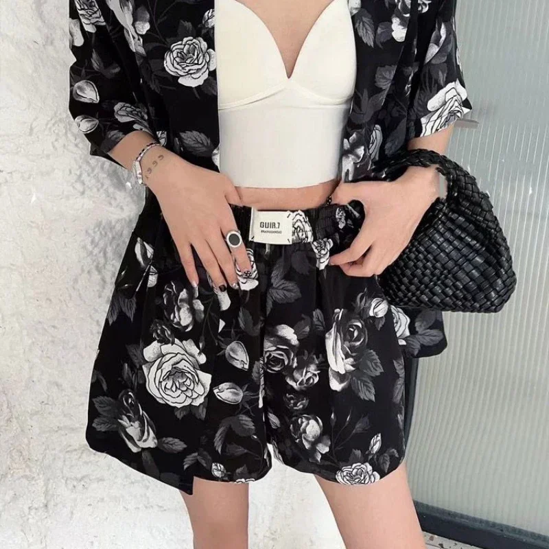 Korean Edition Printed Tie-dye Suit Women 2024 Summer Suit Collar Thin Coat High Waist Wide Leg Shorts Two-piece Women