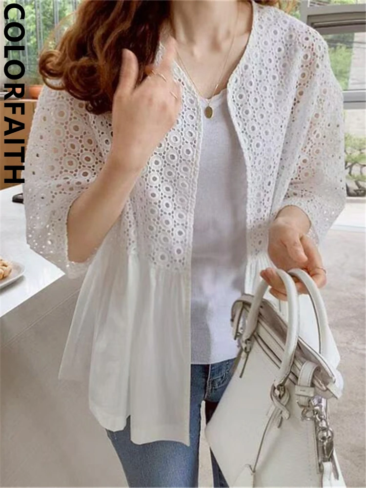 Colorfaith BL6673JM New 2024 Korean Fashion Open Stitch Shirts Cutout Vintage Women Spring Summer Elegant Lady Blouses Lady Tops