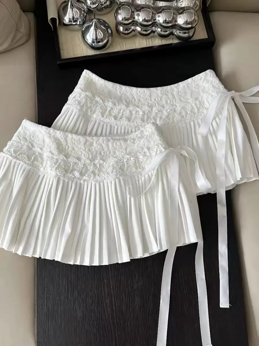 

Korean White Pleated Skirt Women 2025 Autumn New Lace Splicing Lace-up Short Skirt A-word Skirt