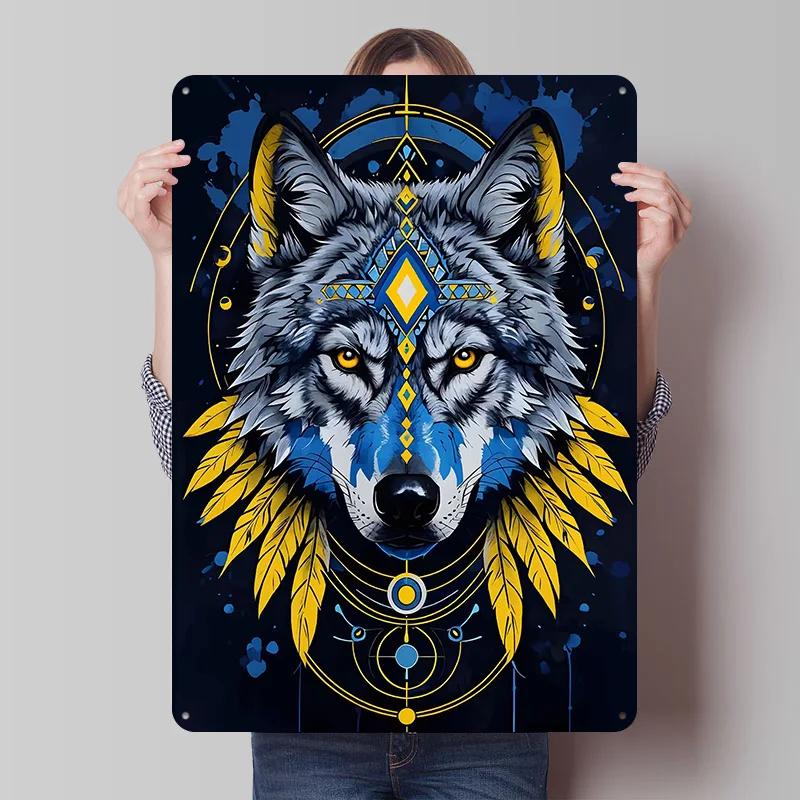 Ukraine Wolf With Geometric Tinplate Posters Customizable Wall Art Retro Vintage Metal Signs for Home Room Decoration Aesthetic