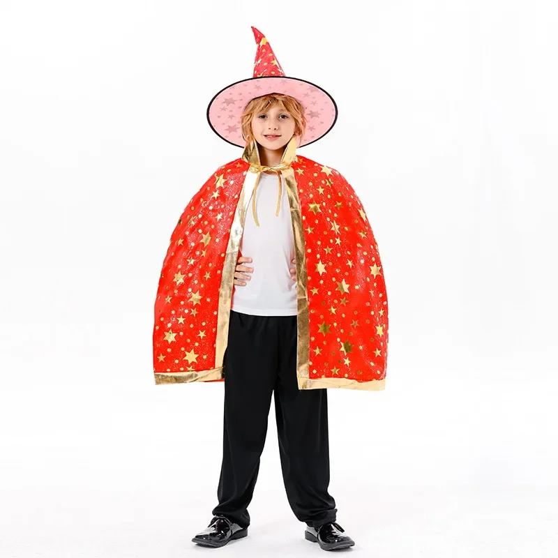 Children Witch Magician Cloak Five-star Bronzing Cloak Kids Witch Cape with Hat for Party Halloween Costumes Carnival Purim