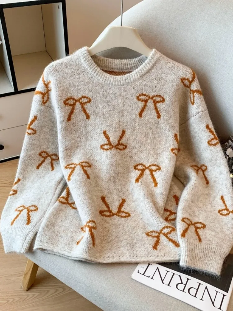 Pumpkin orange bow printed pullover+scarf women's 2025 autumn and winter new fashion high-end thick knit sweater top