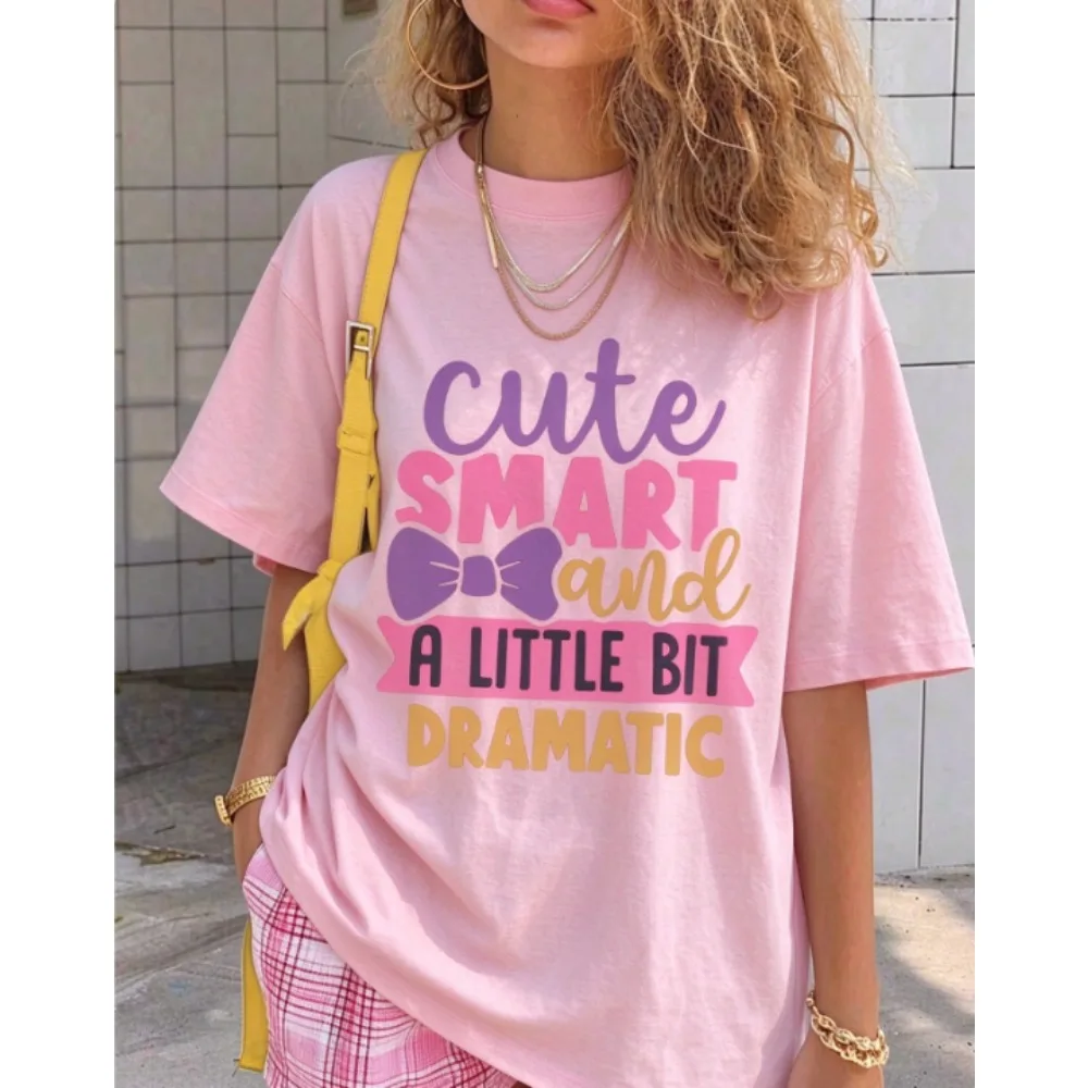 Women Oversized T-shirt Cute Smart And A Little Bit Dramatic Letter Print Round Neck Short Sleeve Casual Summer Tops