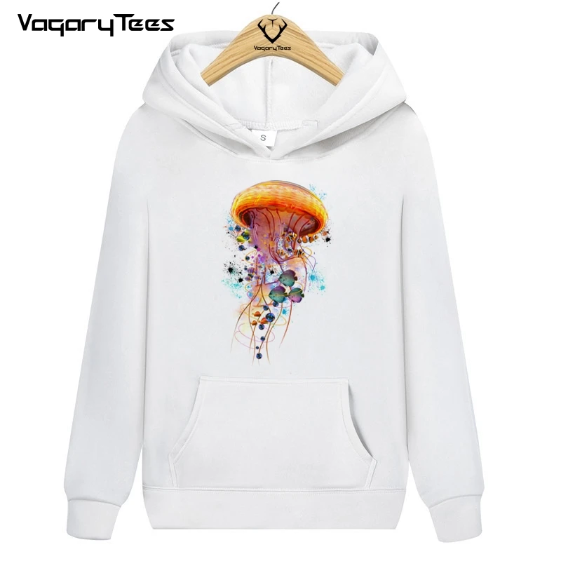 New 2022 Mens Hoodies Fashion Watercolor painting Jellyfish World Printed Hip Hop Streetwear Hoodie Novelty Design Tops