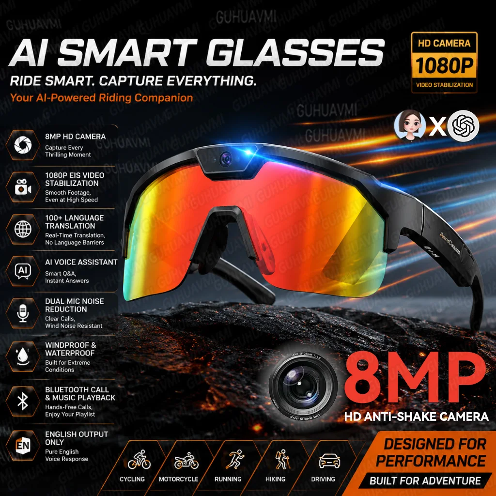 Smart Glasses with 4K HD Anti-Shake Camera&3D Stereo Speakers Polarized UV400 Sports Bluetooth AI Glasses Outdoor Video Photos