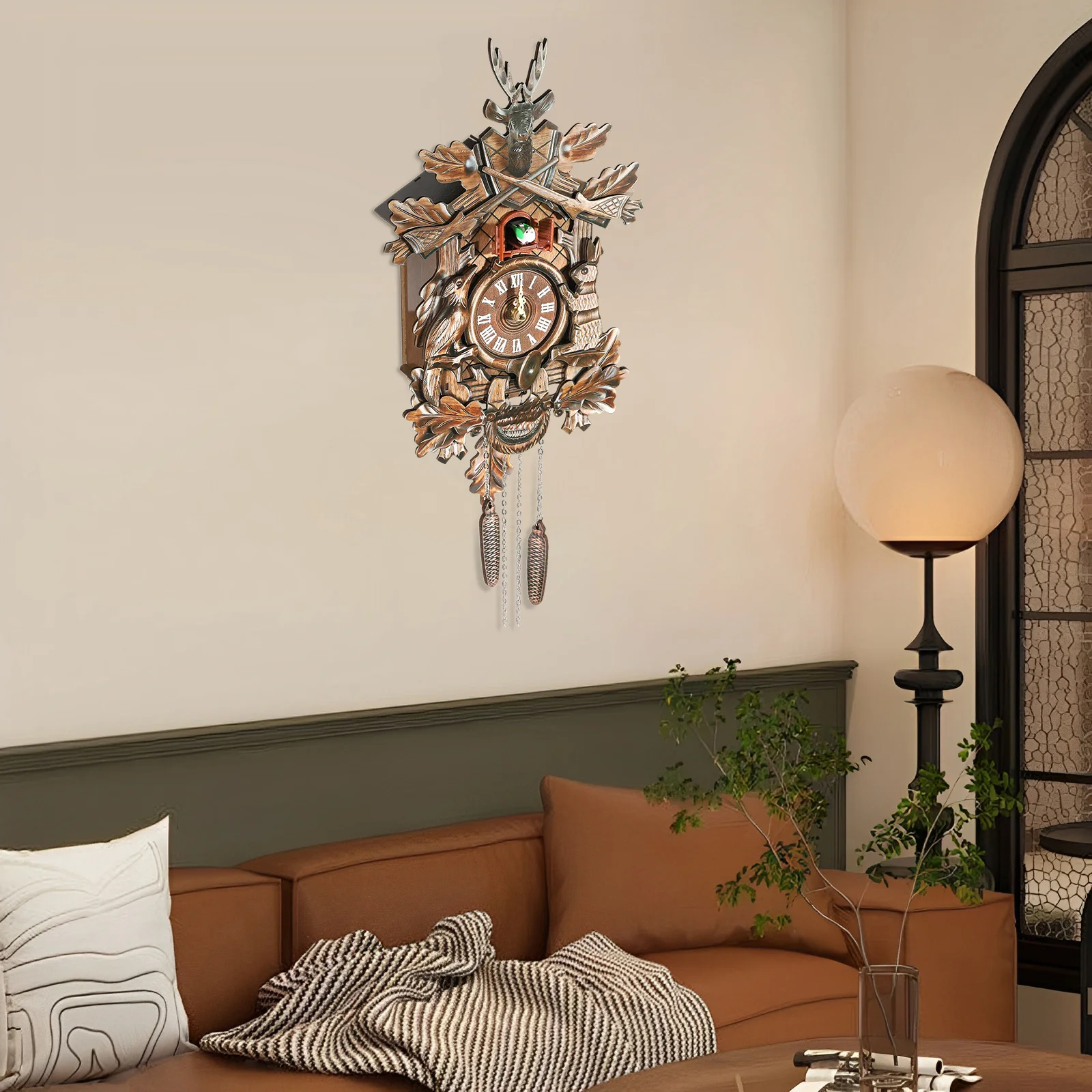 

1 шт. Ретро настенные часы с дизайном «Лесные животные», музыкальные кварцевые часы с маятником и бесшумным механизмом для гостиной, кабинета, столовой