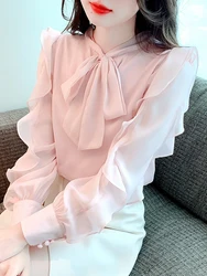 Fashion Ruffles Bow Collar Pink Chiffon Blouse Shirt Women Tops Blouses Blusas Mujer De Moda 2024 Long Sleeve Blouse Women H05