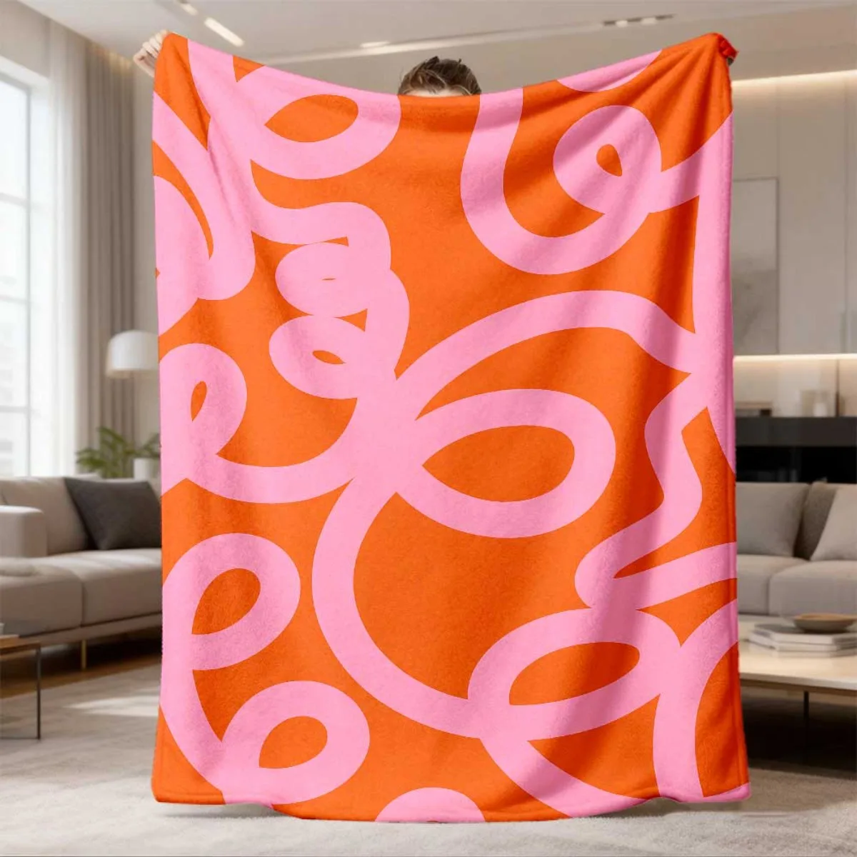 Modern Abstract Curve Pattern Flannel Blanket Lightweight Warm Plush Throw Blanket Pink Swirl on Orange Base Art Decor Blanket